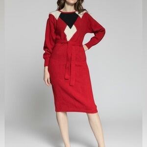 Vintage 80s Red Knit Sweater Dress Geometric Colorblock Mod XS Christmas Sweater